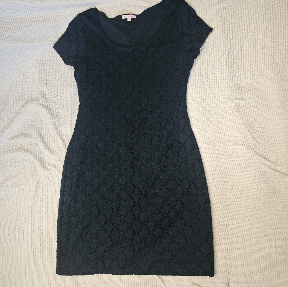 Isaac Mizrahi Short Sleeve Eyelet Lace Navy Blue Above Knee Dress Size medium